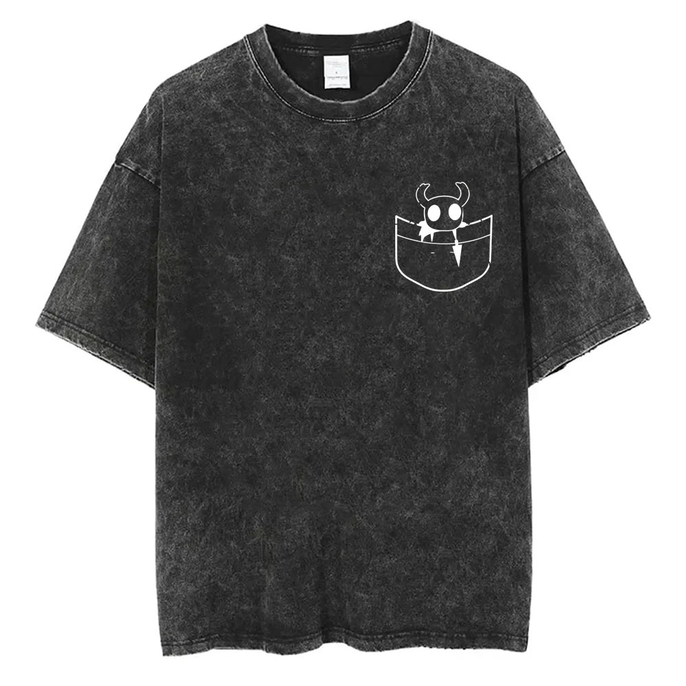 Retro Gaming T Shirt - 워시드 빈티지 게임 홀로우 나이트 포켓